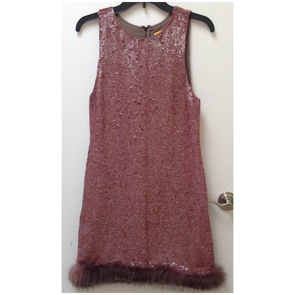 Alice and Olivia bronze mocha sequined fur hem sleeveless cocktail dress US 4 - Picture 1 of 6